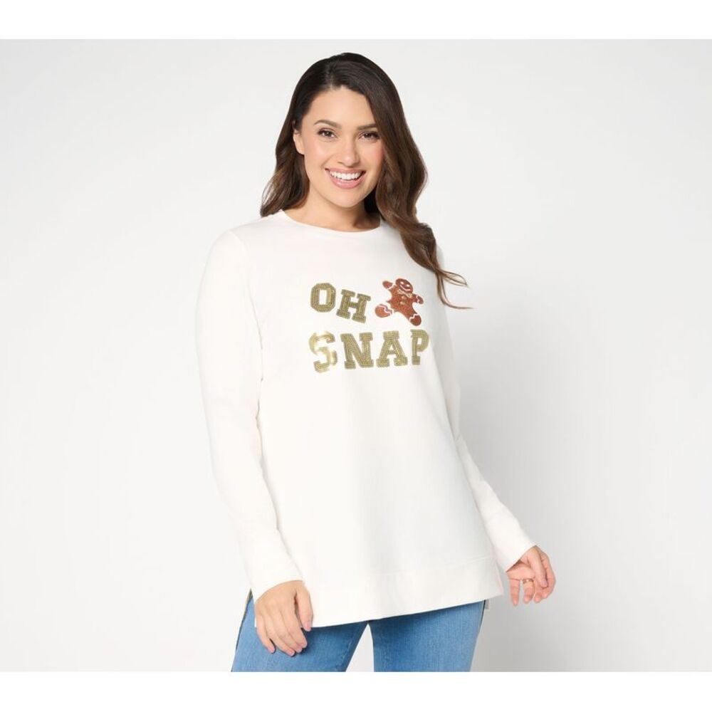 Belle by Kim Gravel Women's Top Sz XL Oh Snap! Gingerbread Sequin White